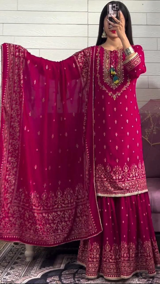 Pure Heavy Chinon Silk With Embroidery Sequence Work with Sleeve Kurti Set