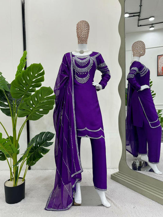 New Chinon Silk Purple Color Kurti Set For Women For Wedding