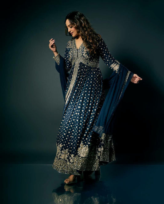 Faux Georgette With Heavy Embroidery Sequence Work With Full Embroidery Sleeve Round Kurti Set