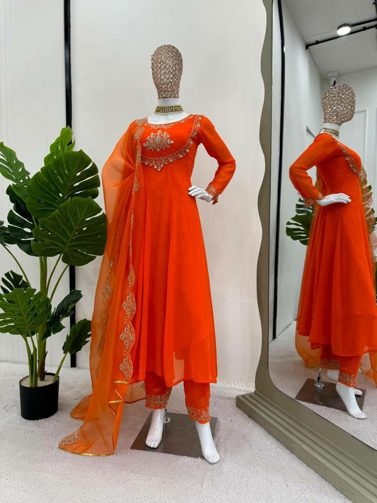 New Orange Round Kurti Set With Plazzo And Dupaata In Faux Georgette Fabric