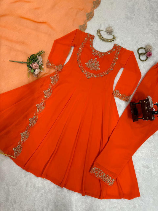 New Orange Round Kurti Set With Plazzo And Dupaata In Faux Georgette Fabric