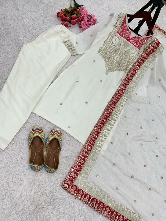 Pure Chinnon Silk With Full Sleeve White Kurti