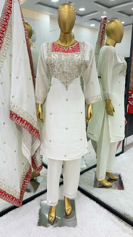 Pure Chinnon Silk With Full Sleeve White Kurti