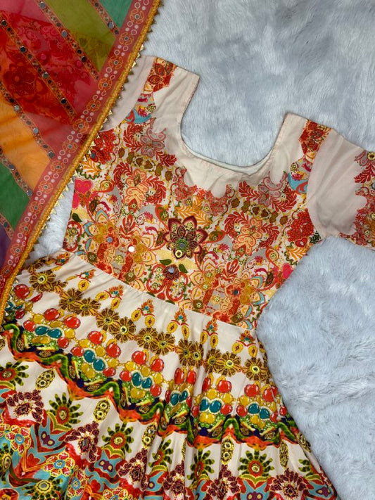 fancy digital print with Realmirror and stone hand work and stitched pad Gown