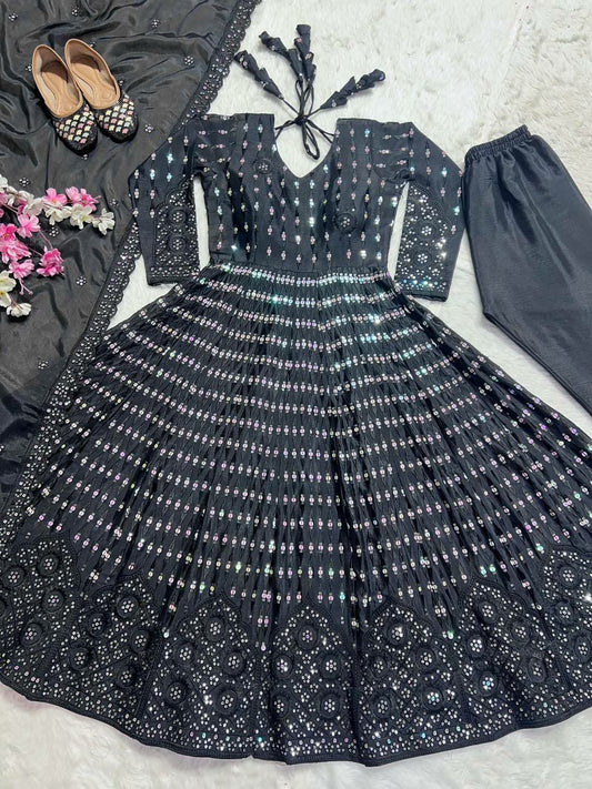 Pure Chinon Silk Material With 5mm And 9mm Sequence Embroidery Work With Fancy Full Sleeves & Kali Cut Pattern Anarkali