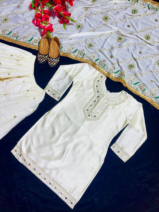 heavy Malay Silk With Heavy Embroidery 5mm Sequence Work Mirror Work. (Fully Sleeve’s) Kurti Set