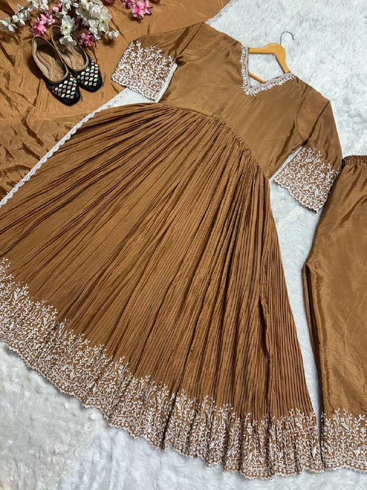 Pure Chinon Silk & Crush With Embroidery Work With Fancy Full Sleeves Gown