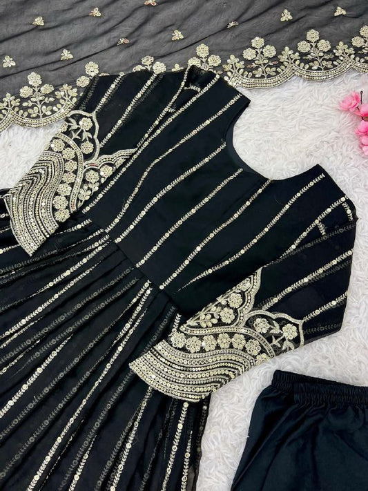 Heavy Faux Georgette With Full Heavy Embroidery Sequence Work And Attached Pad With Sleeve and Fully 3 Meter Flair in Naira Cut Style