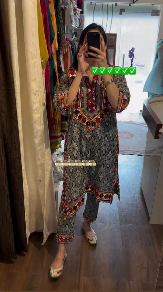 Pure Maslin Silk With Digital Print With Embroidery Work With Riyal Mirror Hand Work With Sleeves With Tam-Tam Latkan