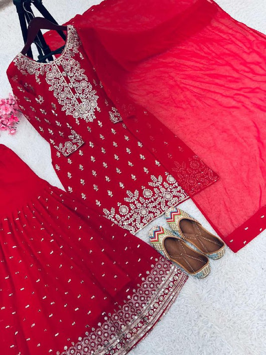 heavy Faux Georgette With Embroidery Sequence Work with Sleeve and Heavy Lace Work Pink Kurti