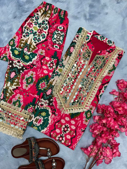 Pur Maslin Silk With digital Print With Embroidery Coding Dori Work With Riyal Mirror Hand Work With Sleeves With Tam-Tam Latkan