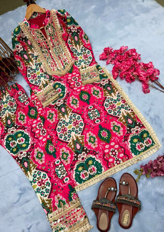 Pur Maslin Silk With digital Print With Embroidery Coding Dori Work With Riyal Mirror Hand Work With Sleeves With Tam-Tam Latkan