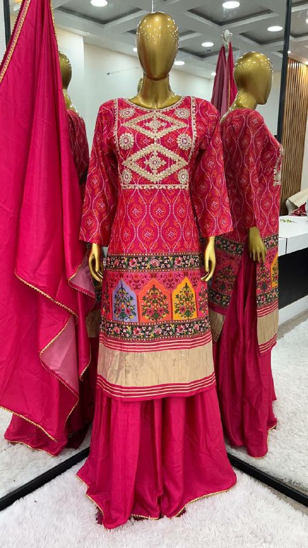 Heavy Chinnon With Heavy Embrodery Coding Sequence Work With Beautiful Digital Print Work and Heavy Patta Work with Full Sleeve Kurti Set