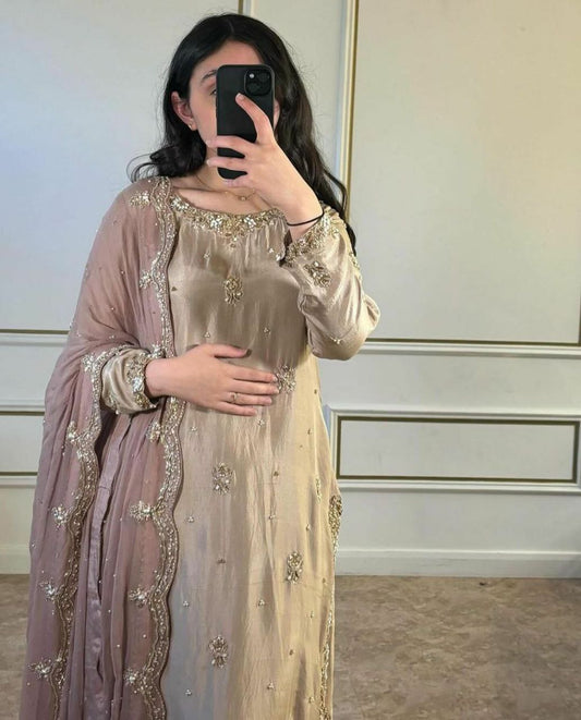 PRESENTING 3 PIECE STYLISH KURTI,PLAZAA AND DUPATTA WITH BEAUTIFUL EMBROIDERY SEQUENCE WORK SHARARA SET 