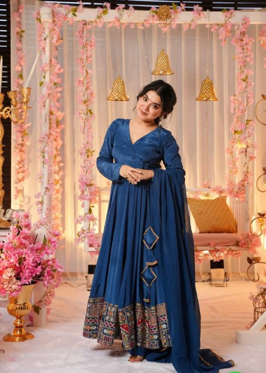 Faux Georgette With Full Heavy Embroidery Sequence Work With and Fancy Latkan Dori Full Sleeve Round Dress