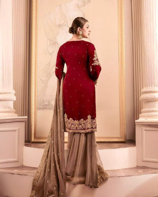 Real Mirror And Codding Sequence Embroidery Sharara Set For Women