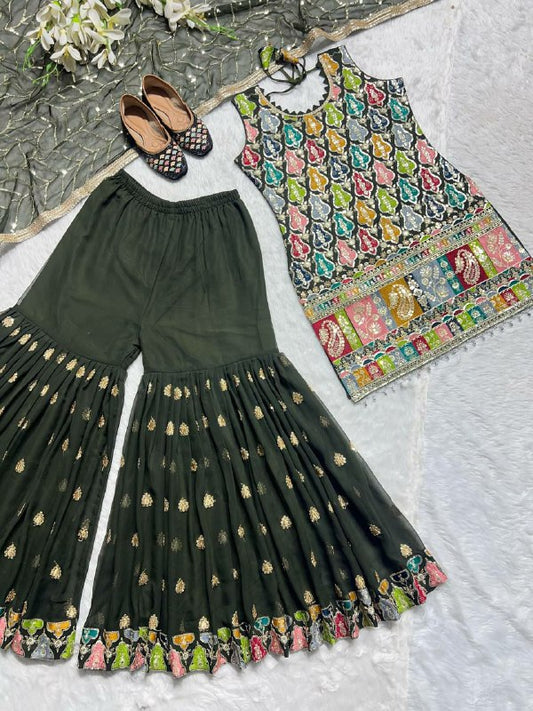 Heavy Faux Georgette With Heavy 3mm Embroidery Sequence Work With Full Sleeve With Latkan Dori Green Heavy Sharara Set