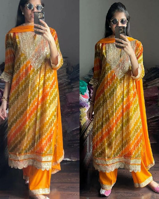 Pure Chinnon With Heavy Embroidery Sequence Work With Beautiful Digital Print with Full Sleeve Kurti Set