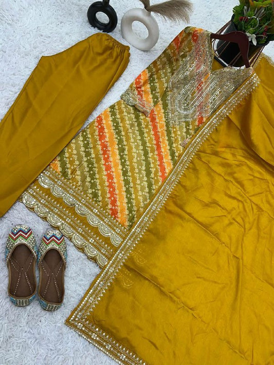 Pure Chinnon With Heavy Embroidery Sequence Work With Beautiful Digital Print with Full Sleeve Kurti Set