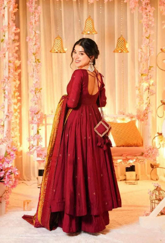 Top Fabric : Pure Chinnon Silk With Embroidery work With Fancy Full Sleeve Gown Set