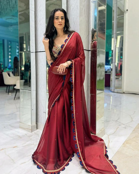 PEARL MOTI WORK ON BODY WITH CUT WORK BORDER SAREE