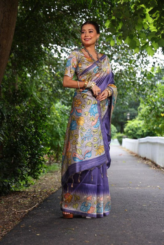 Soft Tussar silk saree with beautiful kalamkari prints