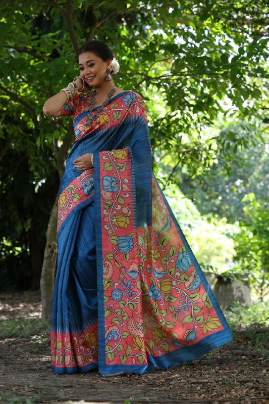 Soft Tussar silk saree with beautiful kalamkari prints