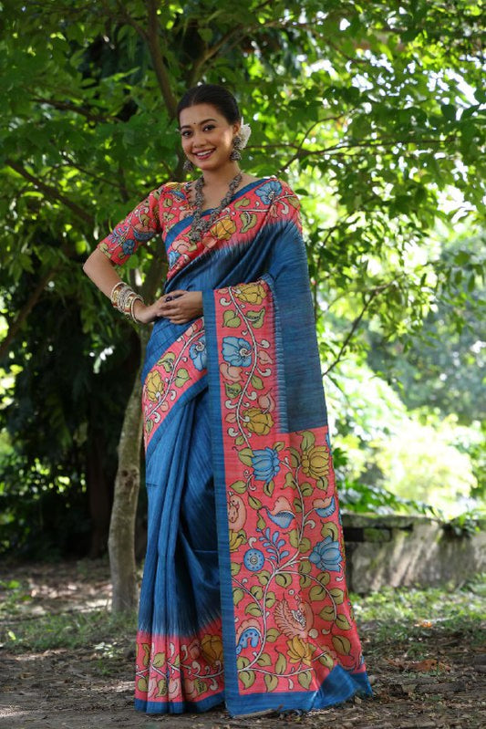 Soft Tussar silk saree with beautiful kalamkari prints