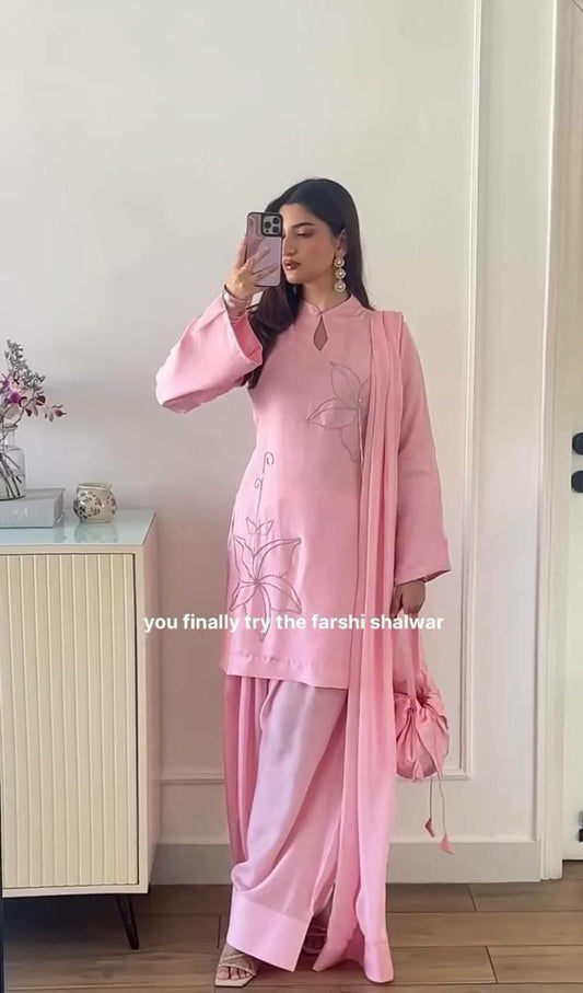 Pure Natural Crepe Silk With Hotfix Real Jharkhand Diamond Work With Elastic Farshi Palazzo Dress