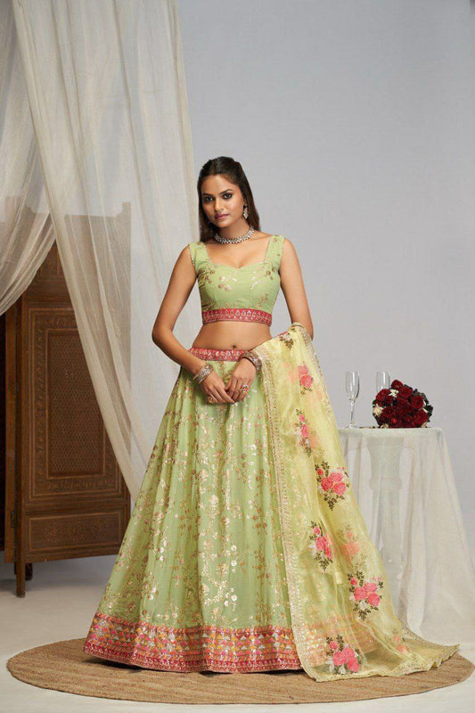 Georgette With Zari , Sequence, Embroidery Work With Canvas And Can Can Layered Net Lehenga Choli