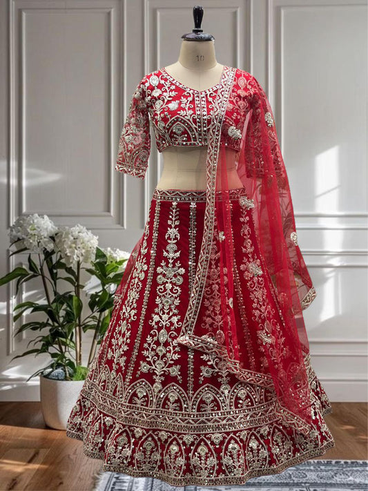 NET WITH EMBROIDERY SEQUENCE CODDING DESIGN WORK WITH CANCAN AND CANVAS LEHENGA CHOLI