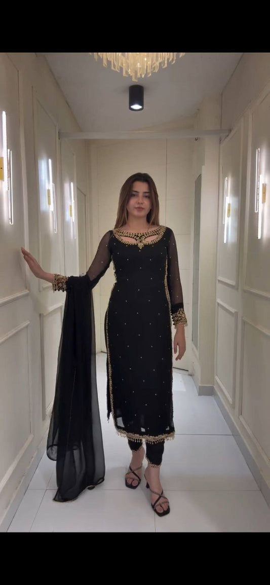 FAUX GEORGETTE WITH EMBROIDERY WORK & REAL PEARL MOTI WORK WITH ELASTIC BEL PENT TYPE KURTI