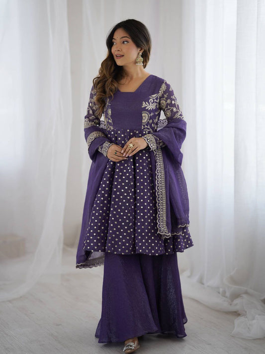 Crunchy Silk With Embroidery Sequence Work + Full Flair Sharara Palazzo Dress