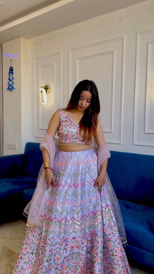 Heavy Satin Silk With Sequins & Thread Work + Tassel Border Work Blouse & Dupatta With Can Can Attach Lehenga Choli