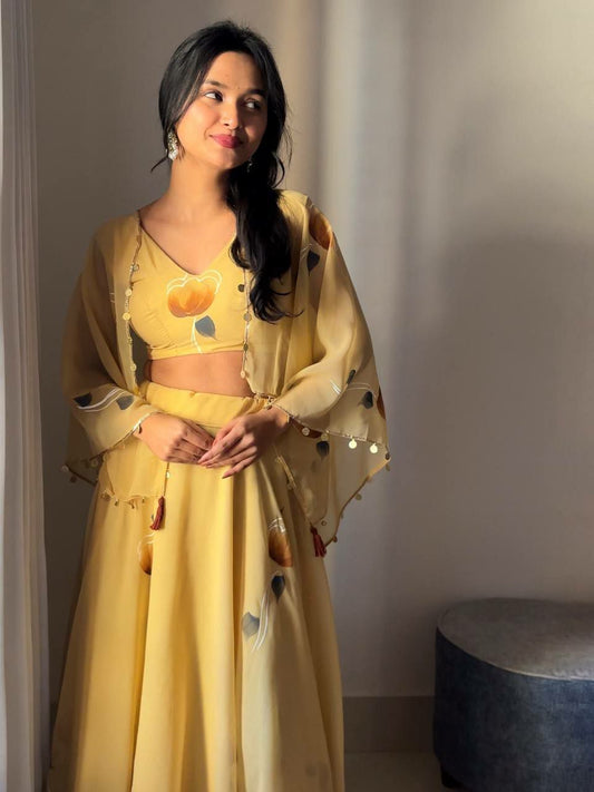 Georgette With Hand Painted With Flair & Canvas Patta With Jacket And Adjustable Waist Dori Lehenga Choli