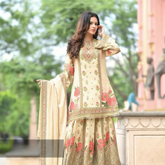 Pure Chinon Silk And Fancy Digital Print Lace With Real Mirror & Stone Hand Work With Latkan Lace Border Sharara Dress