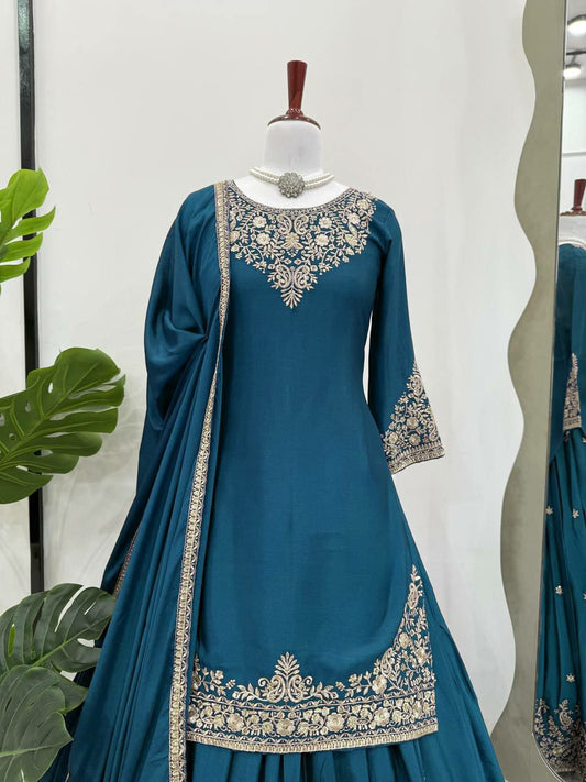 Chinon Silk With Micro Inner & Thread With Sequence & Four Side Lace Border With Elastic Lehenga