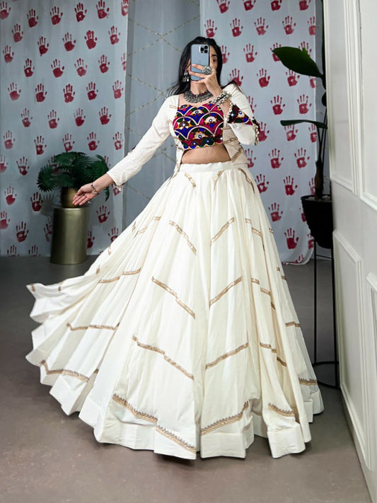 Pure Rayon With Original Mirror Gamthi Work With Sequins Lace Touch Up Blouse With Canvas Lehenga Choli