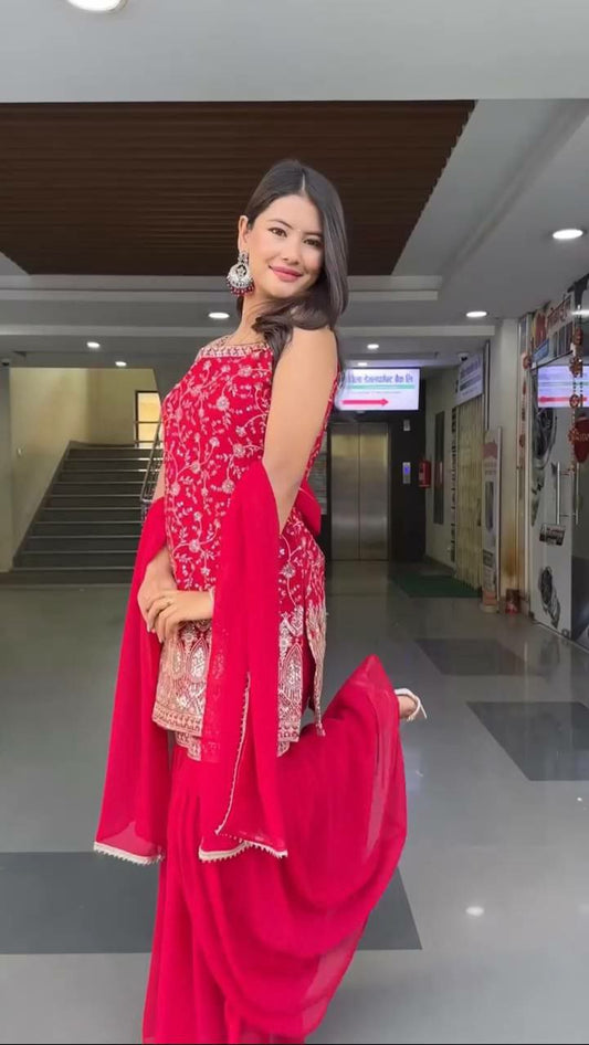 Faux Georgette And Thread With Sequence With Four Side Lace Border With Elastic Sharara Dress