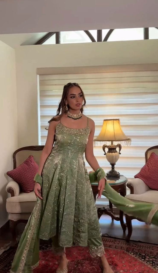 Fandy Silk And Micro Cotton Inner & Embroidery Sequence Work With Elastic Bottom Gown