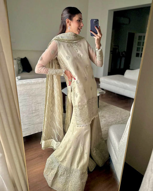 HEAVY TABBY ORGANZA AND HEAVY EMBROIDERED SEQUENCE WORK WITH HAND WORK WITH FANCY LESS SHARARA DRESS