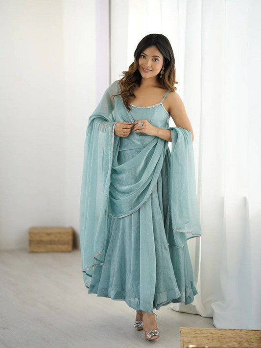 Crunch Silk With Micro Inner With Hot Fixing And Four Side Lace Border With Elastic Pent Type Gown