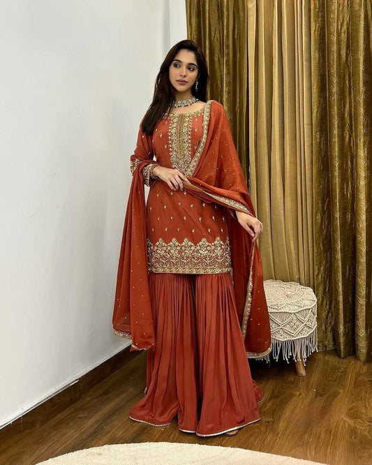 Pure Heavy Simmer Silk With Fully Flair Embroidery Sequence Work With Moti Work And Lace Border Sharara Palazzo Dress