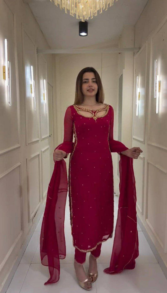 FAUX GEORGETTE AND EMBROIDERY WORK WITH REAL PEARL MOTI AND FANCY LACE DUPATTA TYPE KURTI