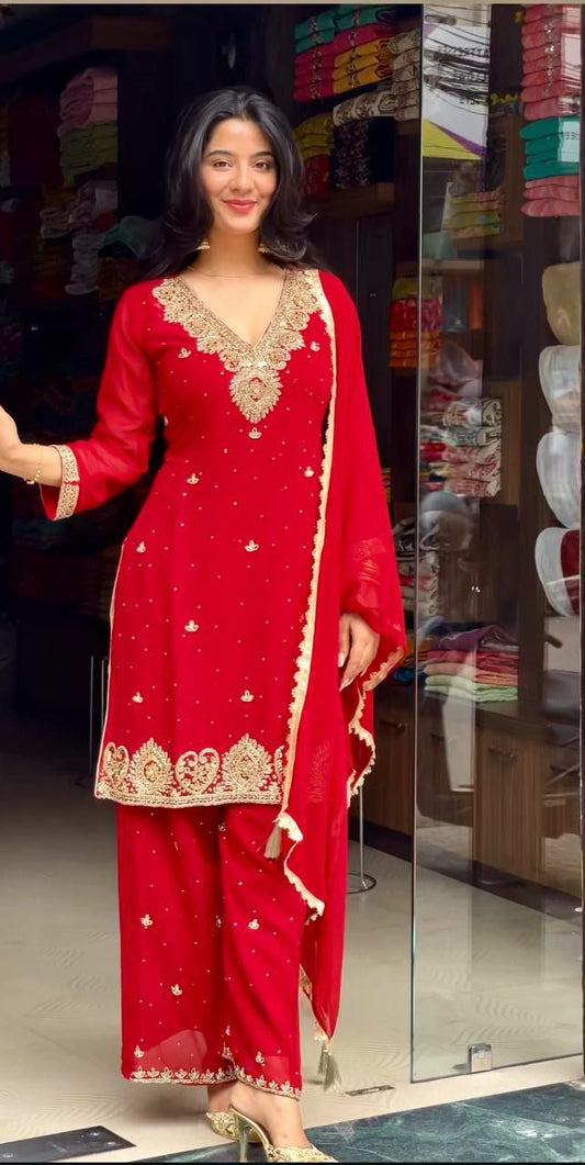 Heavy Faux Georgette With Embroidery Sequence Work With Beads Hand Work & Elastic Palazzo Dress