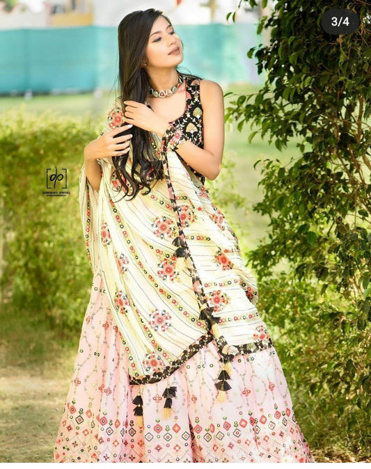 Heavy Butter Silk With Beautiful Hand Print With Real Mirror Work Lehenga Choli