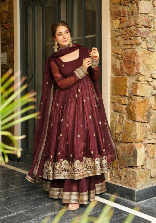 Heavy Crunchy Silk With Heavy Micro Cotton And Heavy Embroidery Sequence Work With Fully Flair Bottom Gown