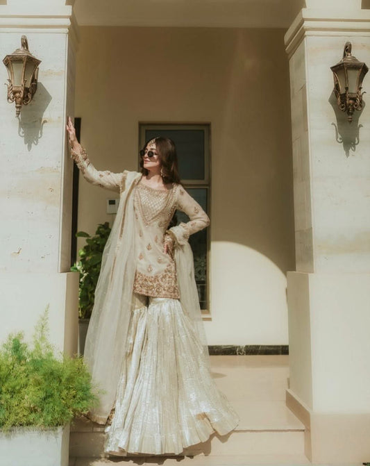 Fox Georgette With Heavy Micro Cotton With Embroidery Work & Moti Work With Lace Border Dupatta Type Sharara Palazzo Dress