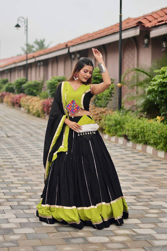 Pure Cotton With Heavy Gamthi Work & Mirroring With Kodi Lace And Ribbion With Lumpi Lace Bordar Work Lehenga Choli