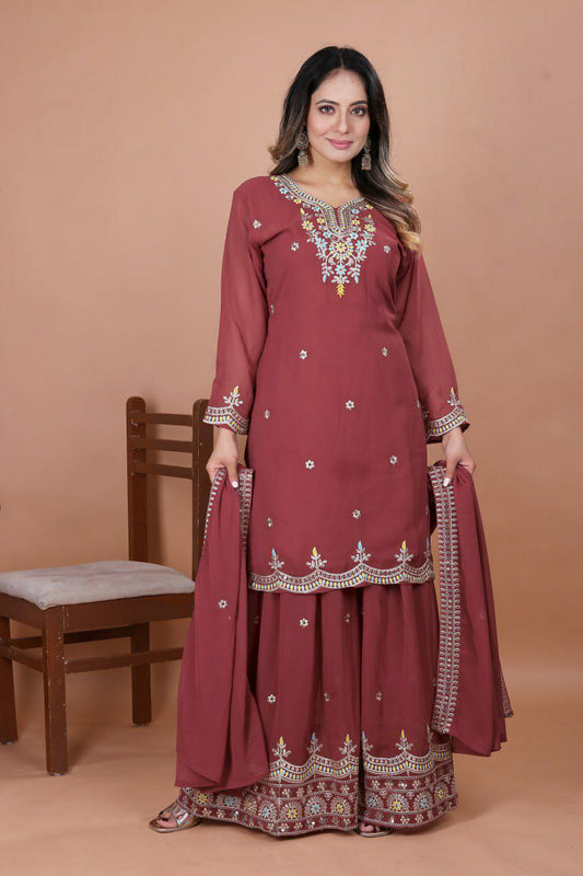 Fox Georgette With Heavy Coding Sequence Embroidery Work And Full Stich With Elastic Sharara Dress